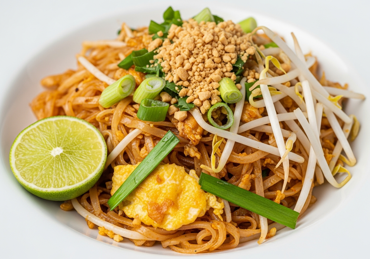 Classic Thai stir-fried noodles with egg, peanuts and lime