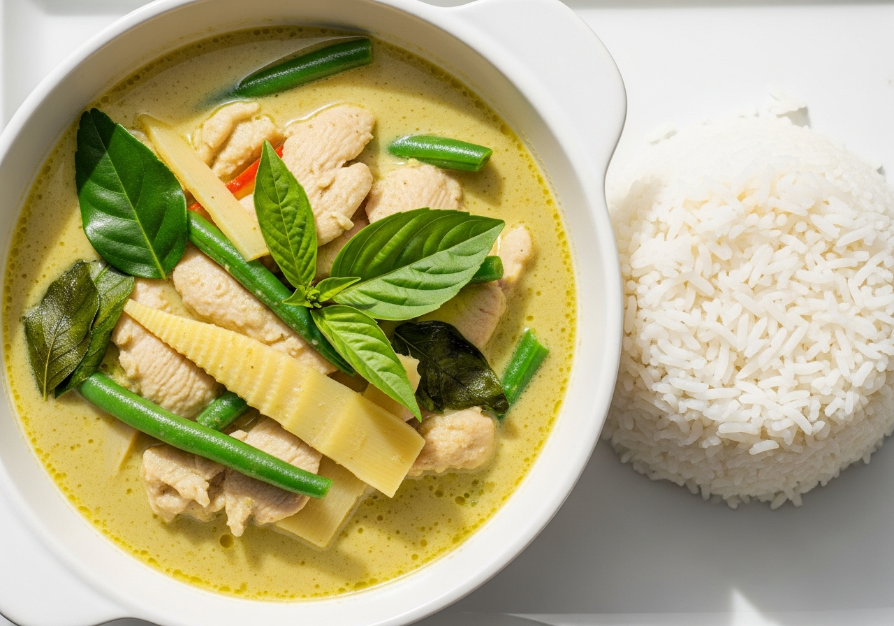 Aromatic green curry with jasmine rice