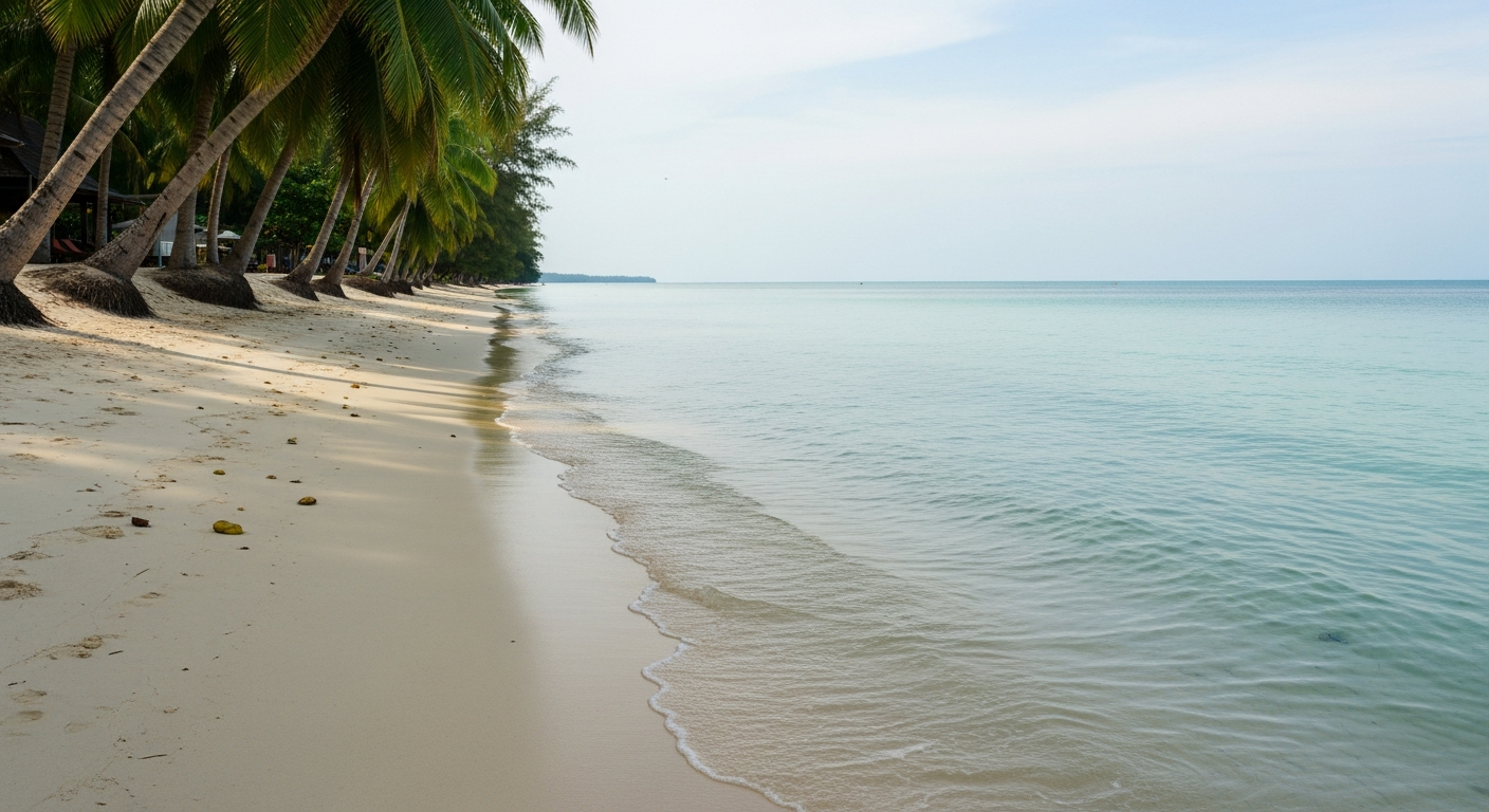 Calm sandy beach bay in tropical Thailand — quiet morning conditions