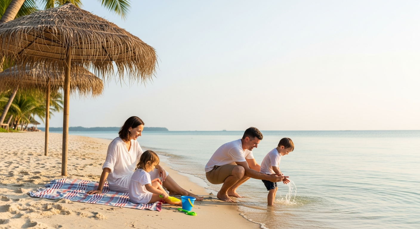 Family relaxing on a calm tropical beach in Thailand
