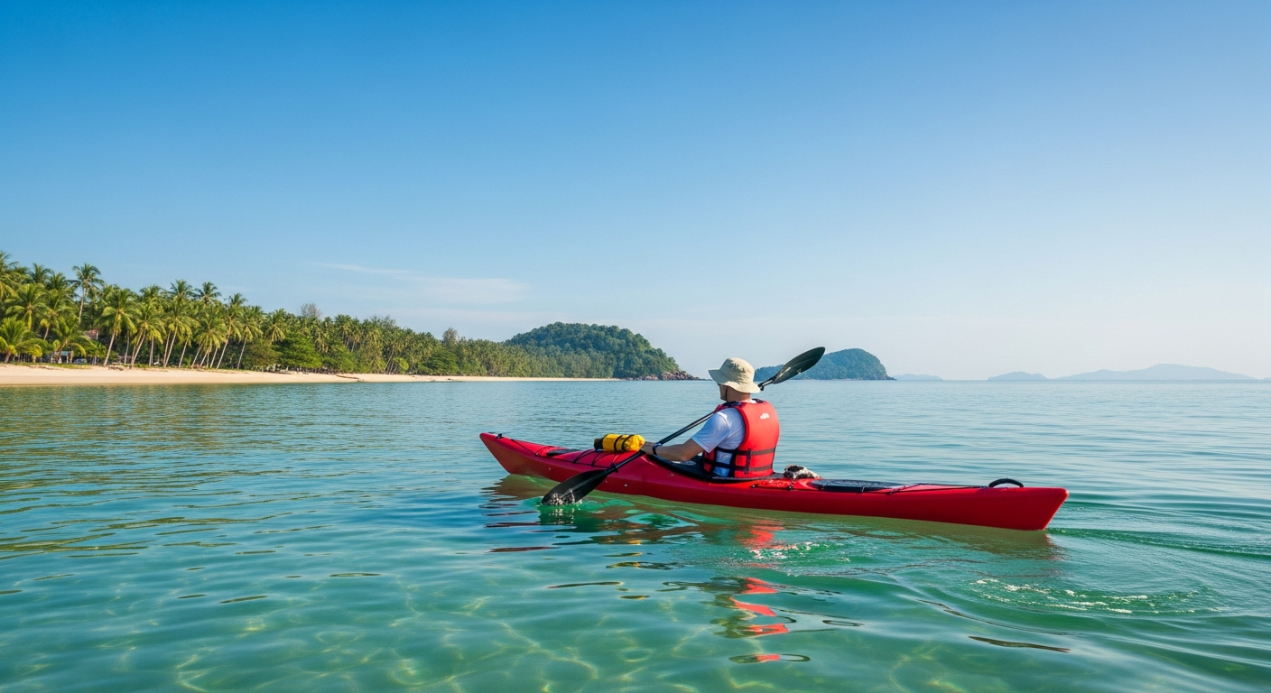 Person kayaking on calm tropical coastal water — Koh Samui bay