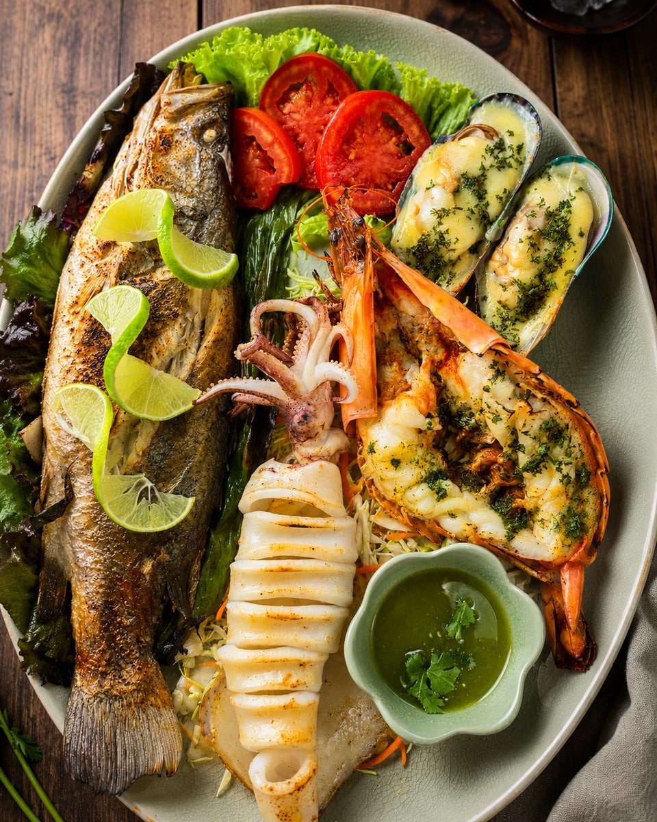 Seafood platter set menu served at The Blue Spice, Choeng Mon Beach, Koh Samui