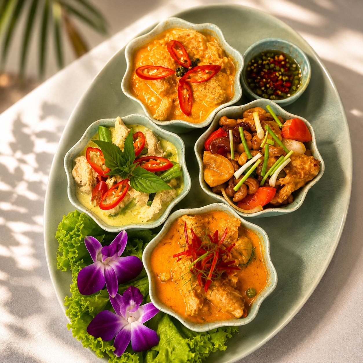 Assorted Thai curries and stir-fried dishes served together