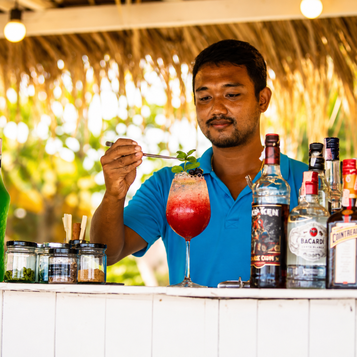 Bartender garnishing a red cocktail at the beachfront bar