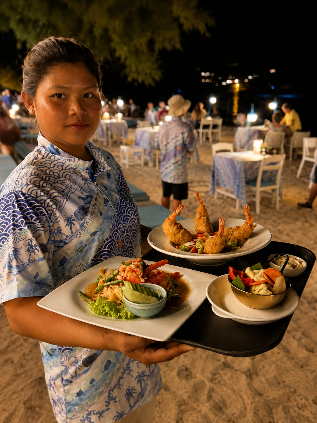 Waitress carrying Thai dishes between beachfront dining tables