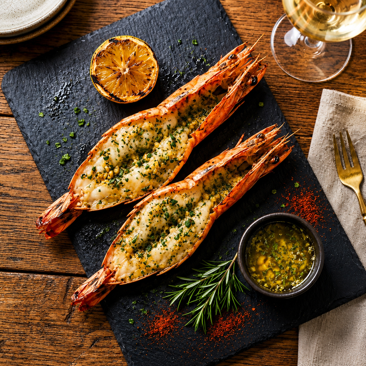 Split grilled prawns with garlic herb butter, charred lemon and dipping sauce