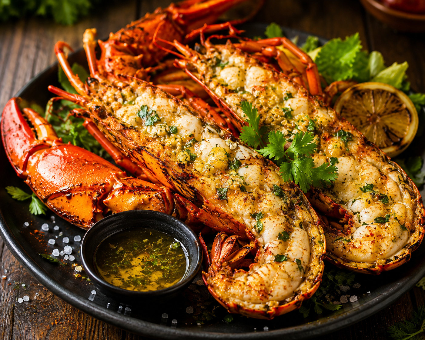 Grilled lobster platter with garlic herb butter, lemon and fresh coriander
