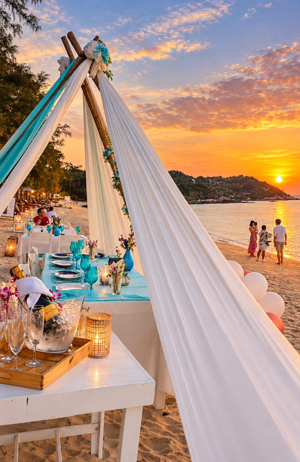 Sunset beachfront celebration table with a decorated fabric frame at The Blue Spice