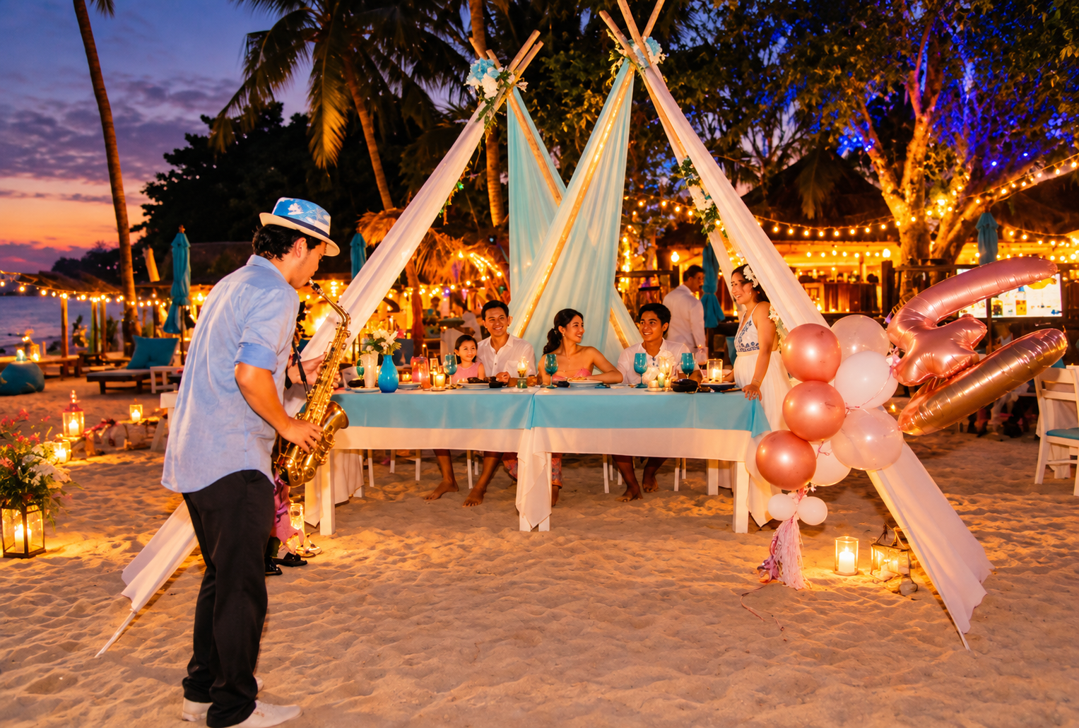Saxophonist performing beside a decorated beachfront celebration table at dusk