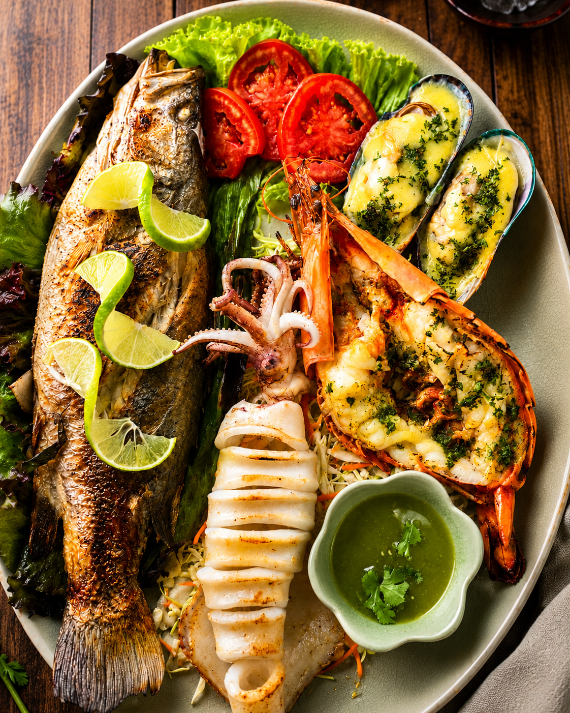 Seafood platter with whole fish, lobster, squid and mussels