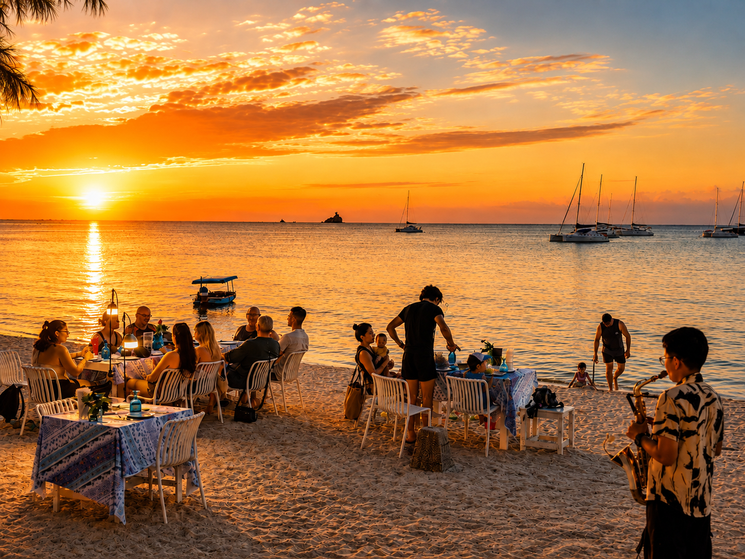 Sunset beachfront dining with a saxophonist performing beside the tables