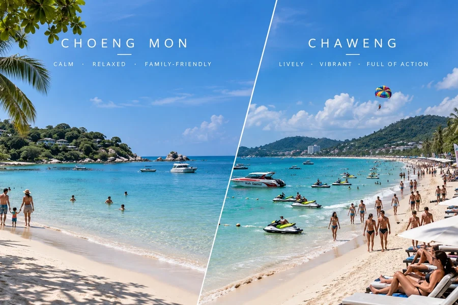 Split view comparing Choeng Mon Beach and Chaweng Beach