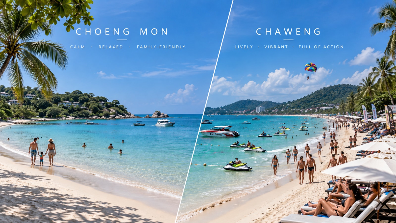 Split view comparing Choeng Mon Beach and Chaweng Beach
