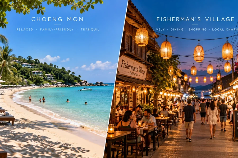 Split view of Choeng Mon Beach and the evening streets of Fisherman's Village