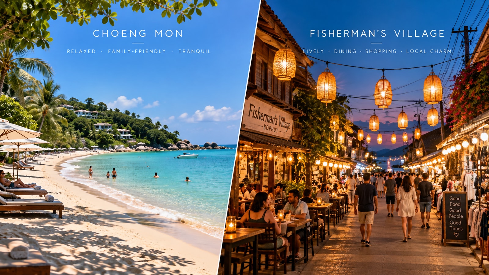 Split view of Choeng Mon Beach and the evening streets of Fisherman's Village