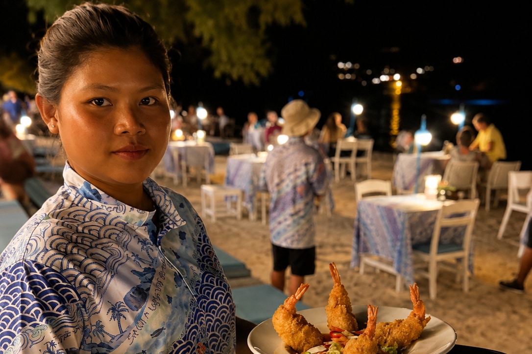 A tray of plated dishes served at The Blue Spice beachfront restaurant