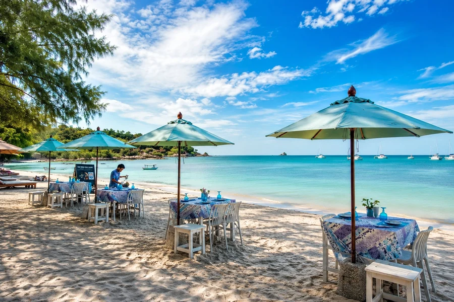 Beachfront tables under turquoise umbrellas overlooking Choeng Mon Bay