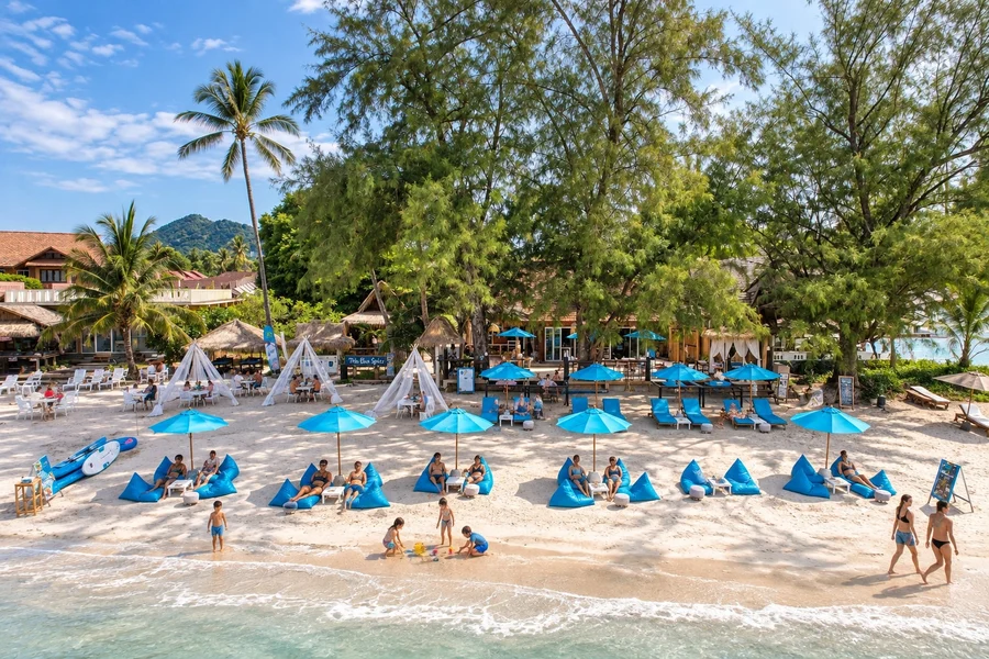 Blue beanbags and sun loungers along Choeng Mon Beach