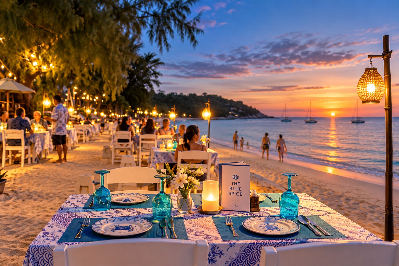 Beachfront dining tables with blue place settings and lanterns at dusk