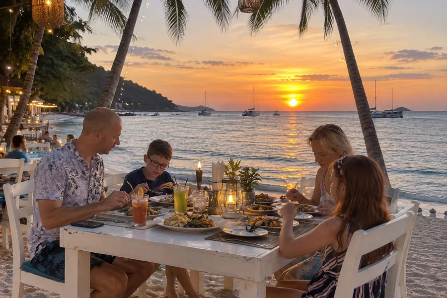 Family dining by the sea beneath palms at sunset at The Blue Spice