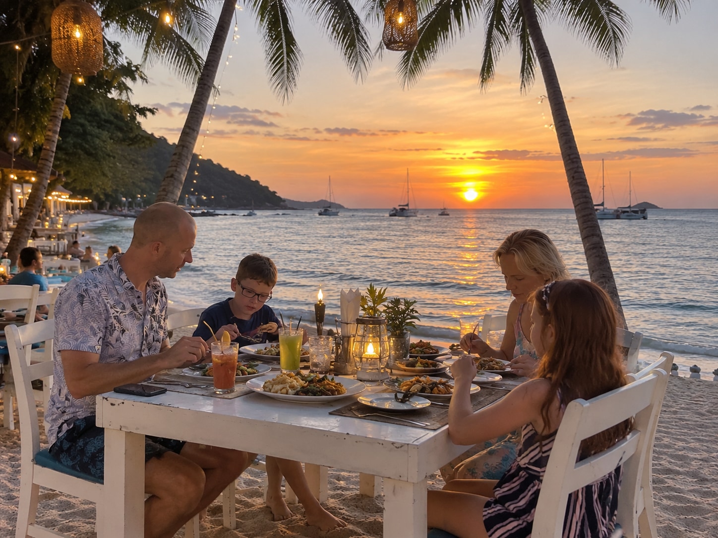 Family dining by the sea beneath palms at sunset at The Blue Spice