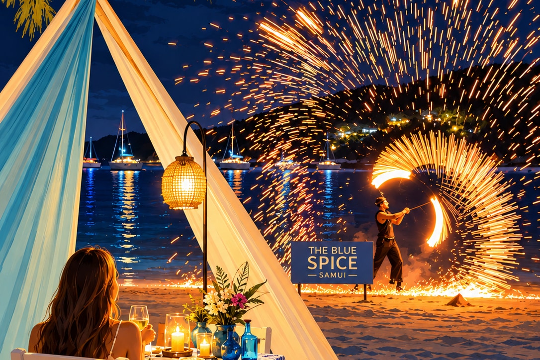 Fire performer creating an arc of sparks beside a beachfront dining table