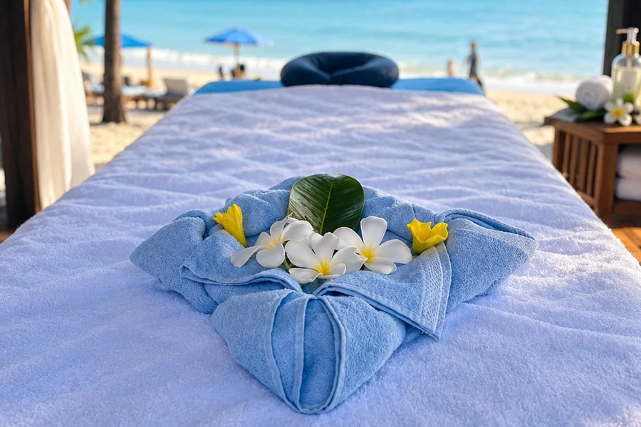 Blue towel and flowers on a massage bed overlooking the sea