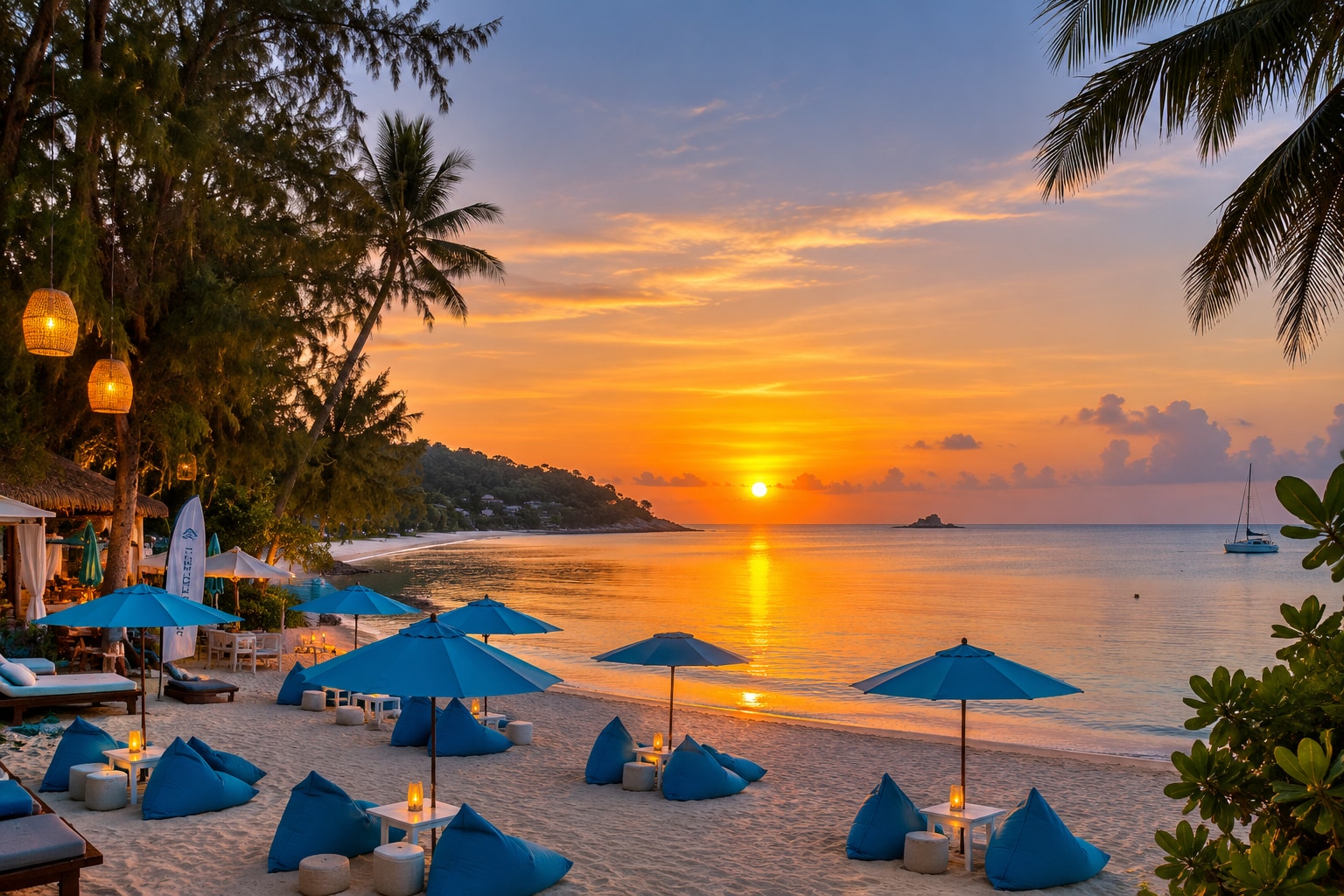 Sunset over Choeng Mon Bay behind blue beach beanbags