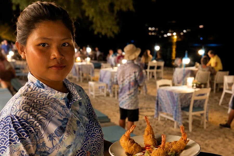 A tray of plated dishes served at The Blue Spice beachfront restaurant