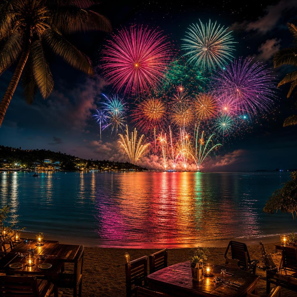 New Year's Eve fireworks illustration above Choeng Mon Bay, Koh Samui