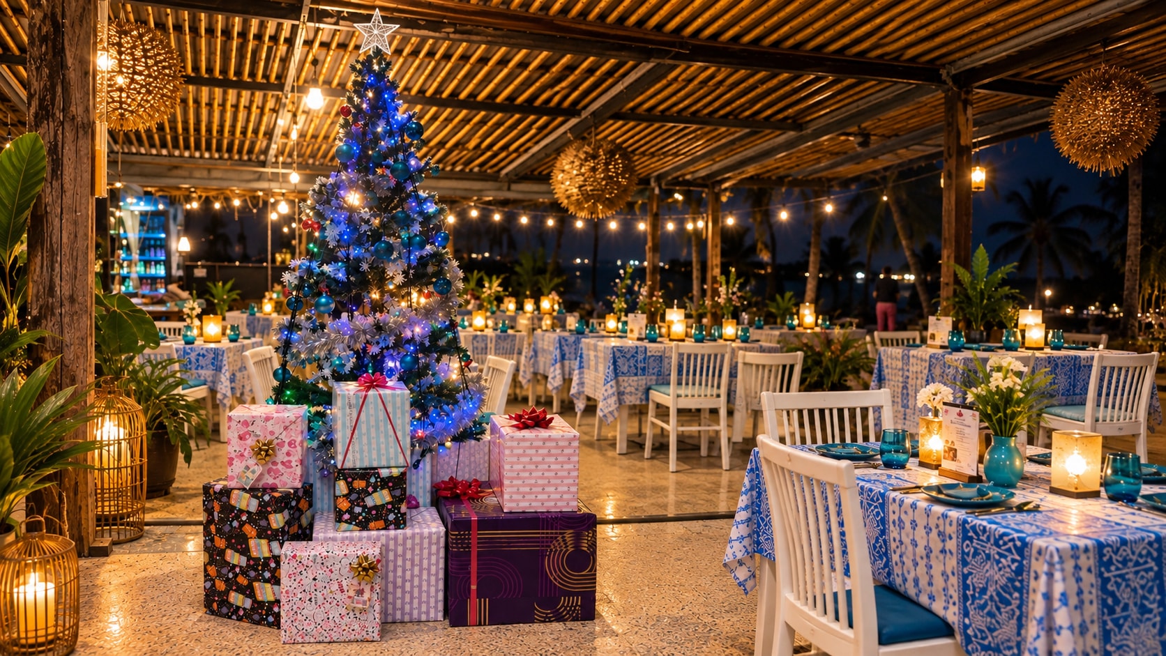 The Blue Spice Samui decorated for Christmas with a Christmas tree, presents and beachfront dining tables