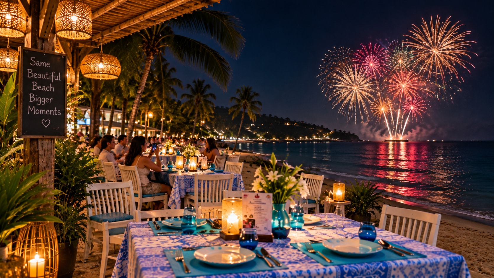 New Year's Eve beachfront dining at The Blue Spice Samui with fireworks over Choeng Mon Bay